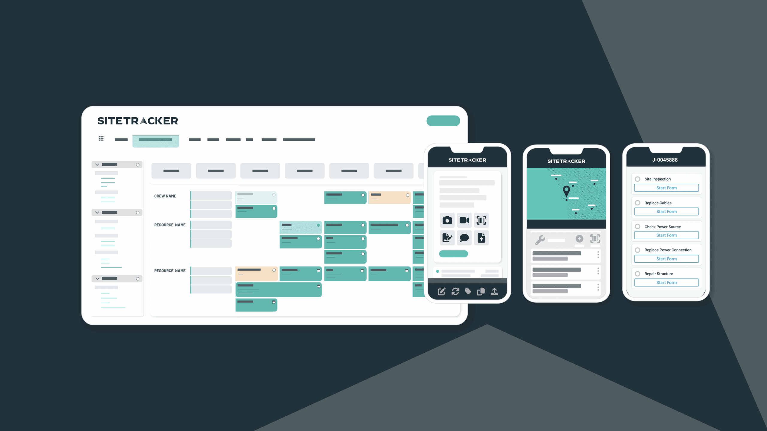 an illustrated graphic showing a desktop mockup and 3 mobile mockups of Sitetracker O&M software with a dark background